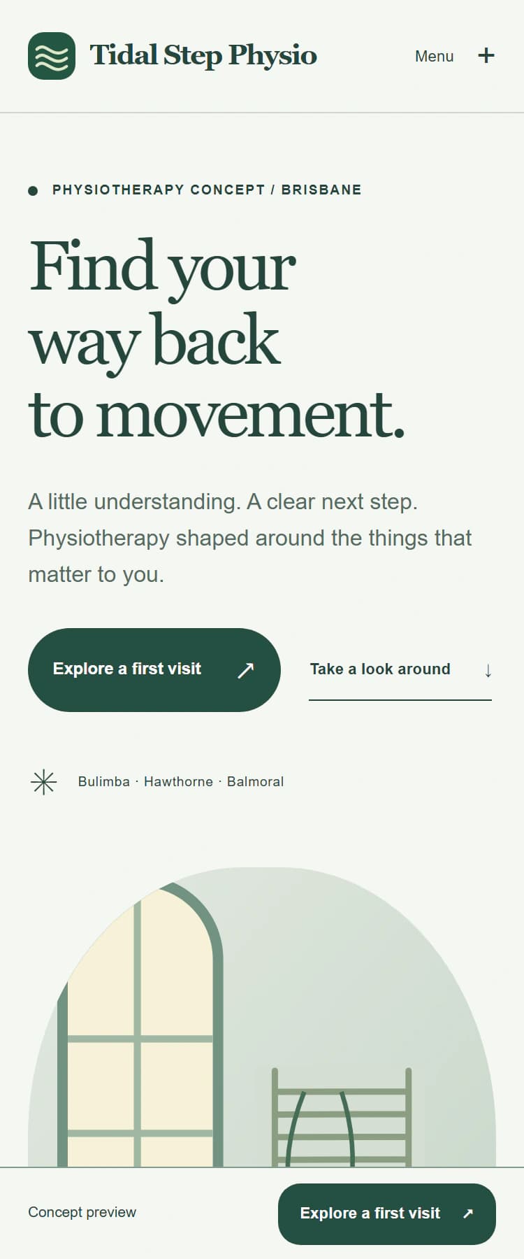 Tidal Step Physio, a fictional clinics concept: calm & clear website design.
