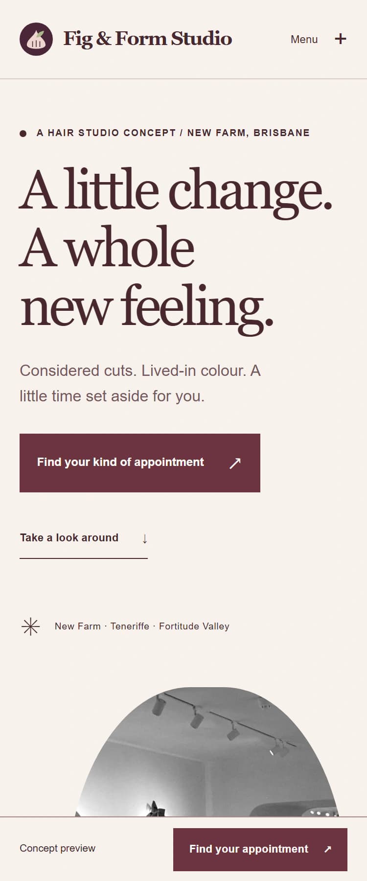 Fig & Form Studio, a fictional salons concept: soft & considered website design.
