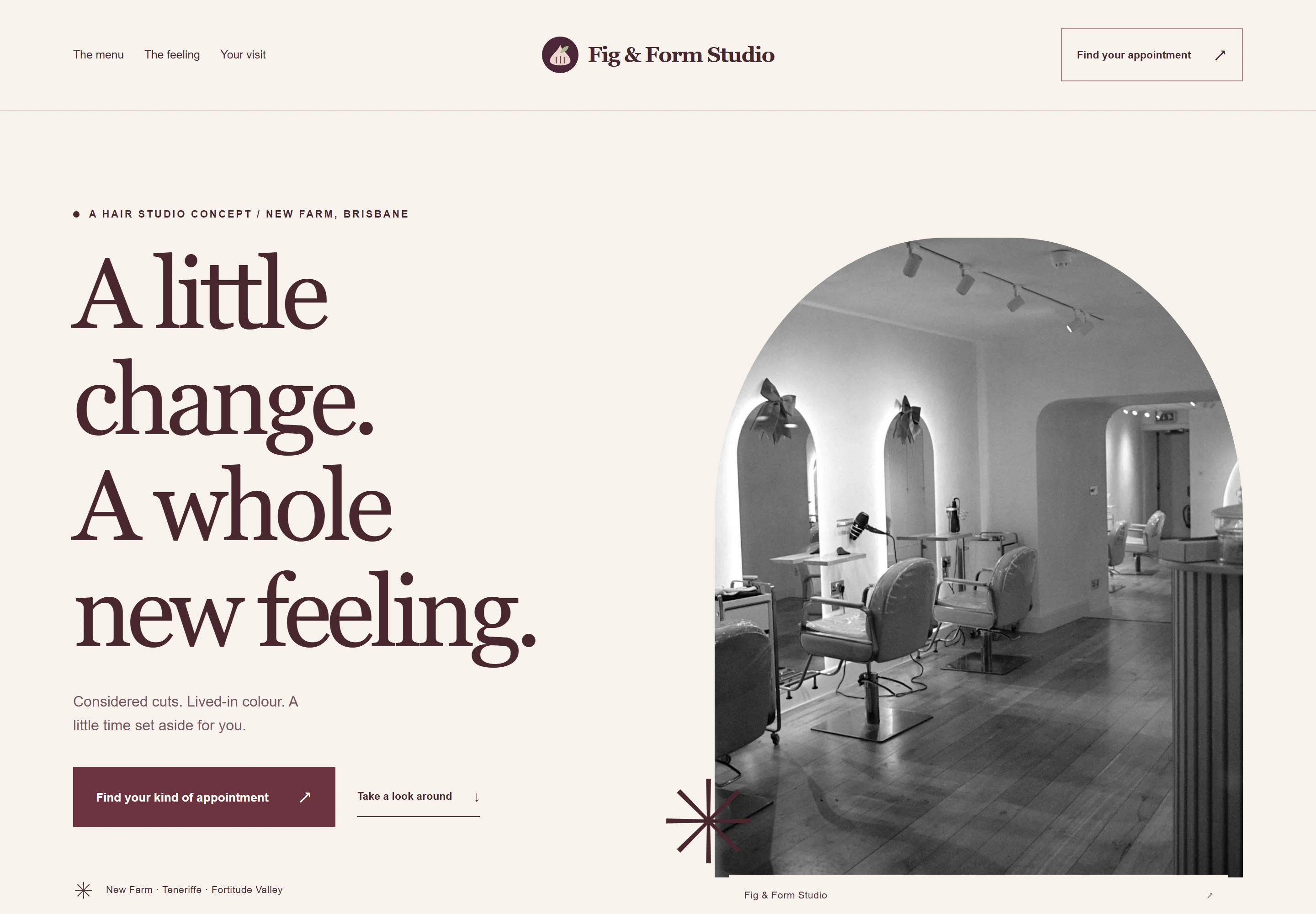 Fig & Form Studio, a fictional salons concept: soft & considered website design.