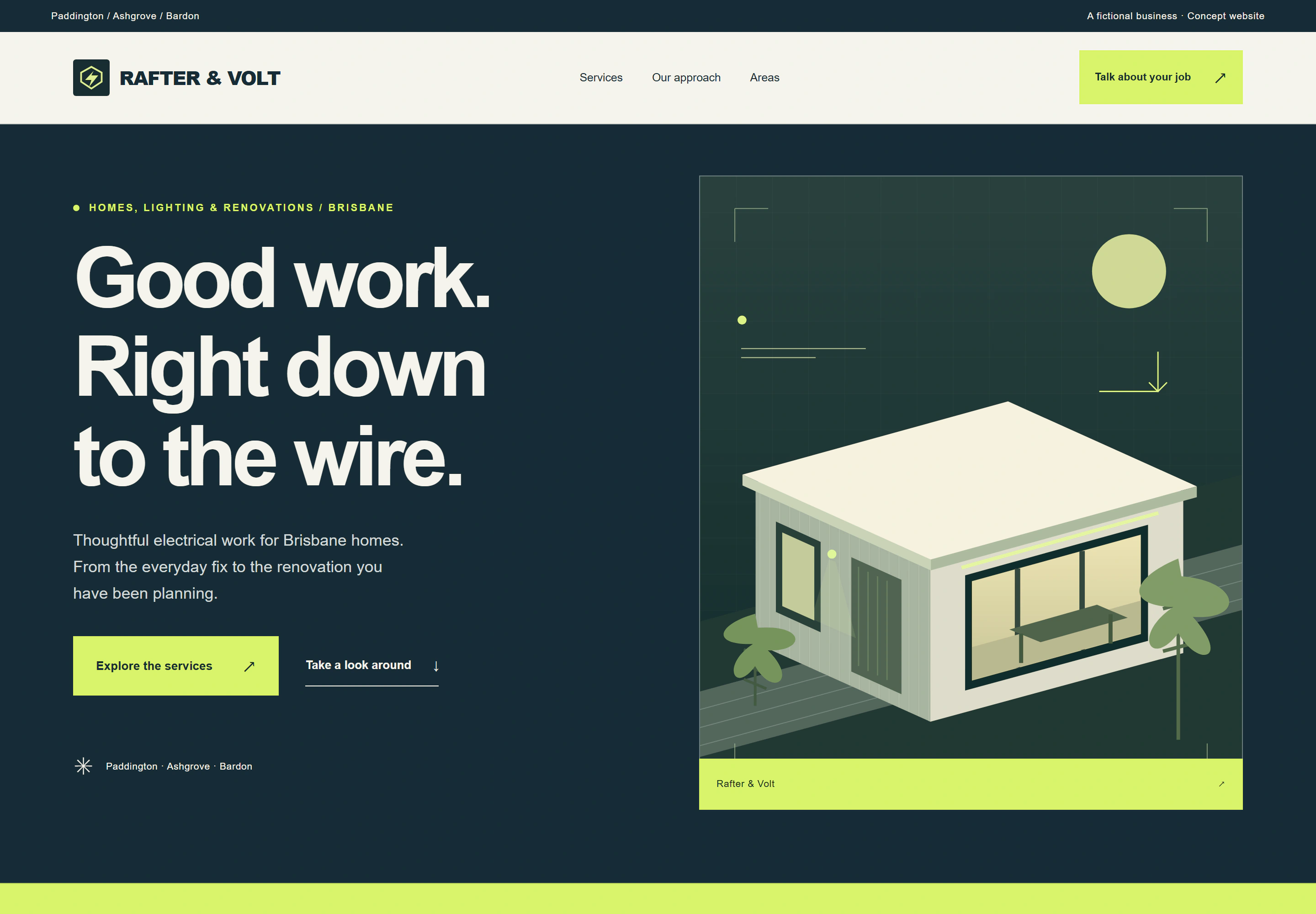 Rafter & Volt, a fictional trades concept: bold & practical website design.
