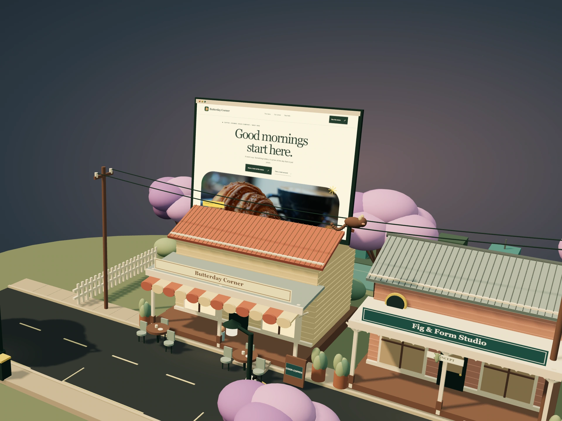 Miniature The corner café with its concept website opening above the roof