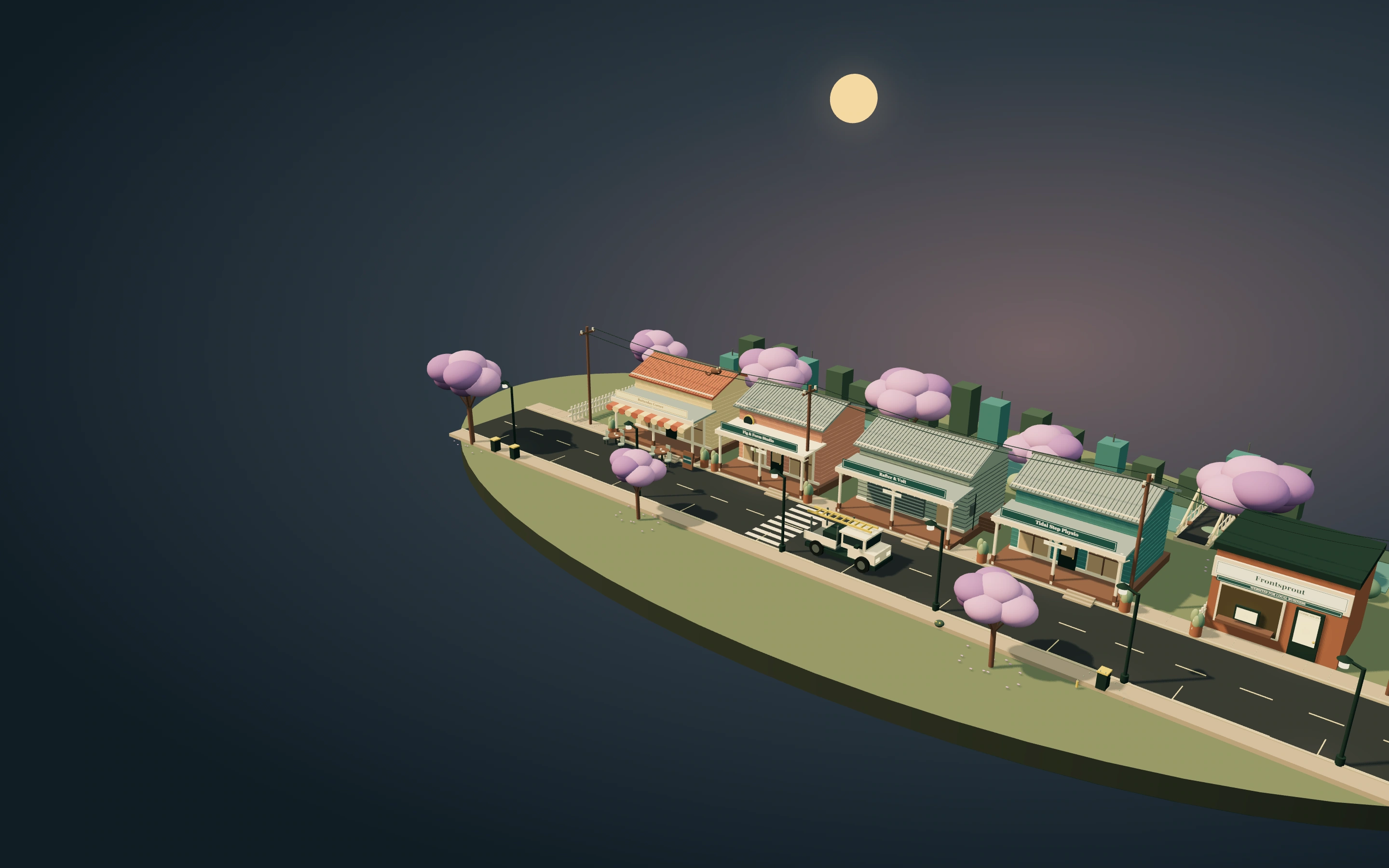 An imagined Queensland neighbourhood at dusk, with small shops, jacarandas and a warmly lit street